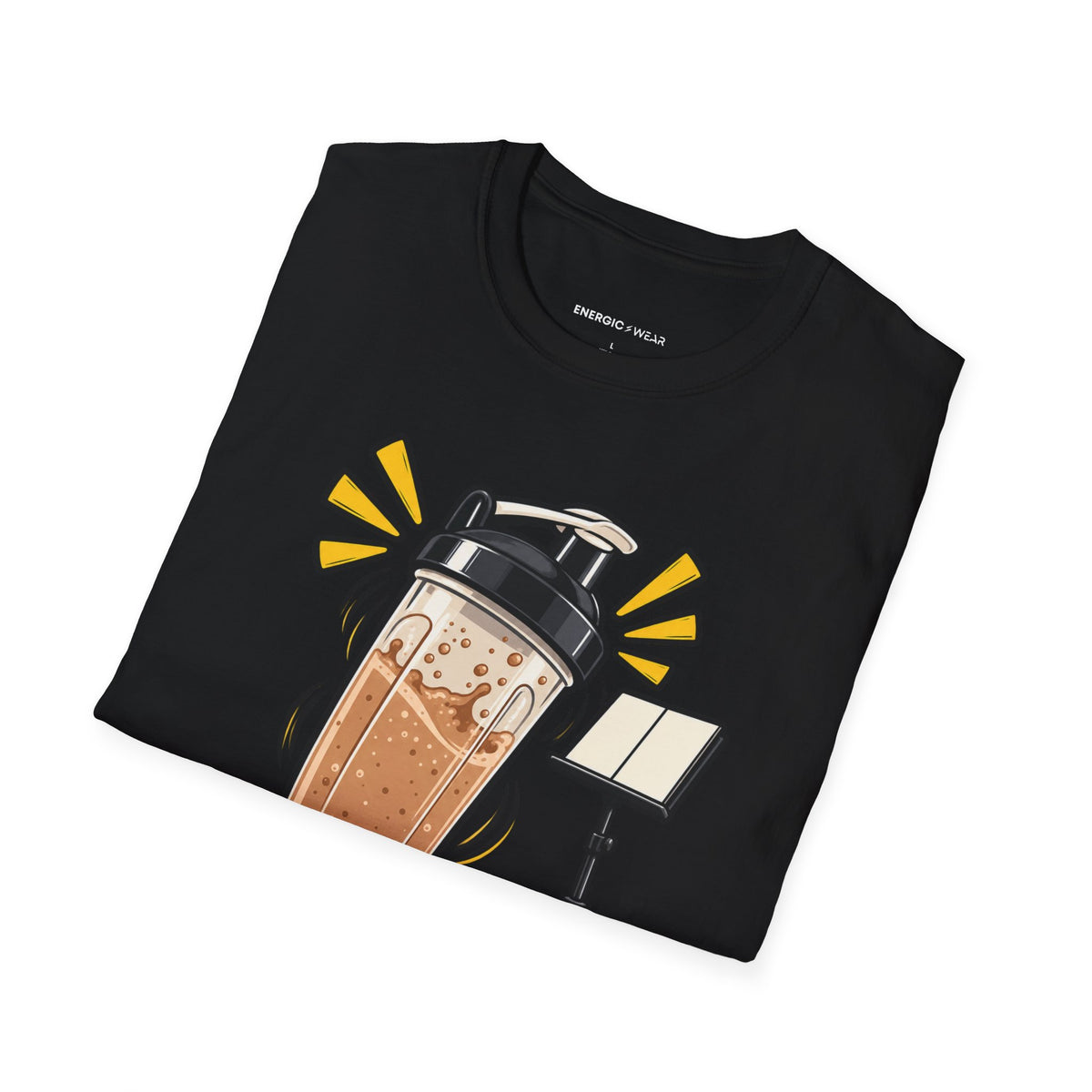 Graphic fitness T-shirt featuring the "My Protein Shaker Is a Percussion Instrument" design.