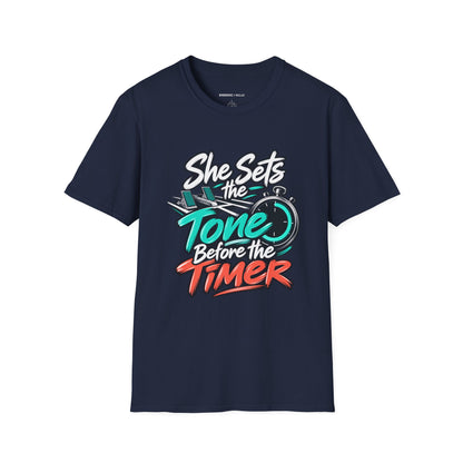 Graphic fitness T-shirt featuring the "She Sets the Tone Before the Timer" design.