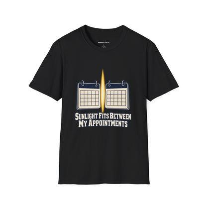 Graphic fitness T-shirt featuring the "Sunlight Fits Between My Appointments" design.