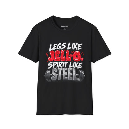 Graphic fitness T-shirt featuring the "Legs Like Jello, Spirit Like Steel" design.