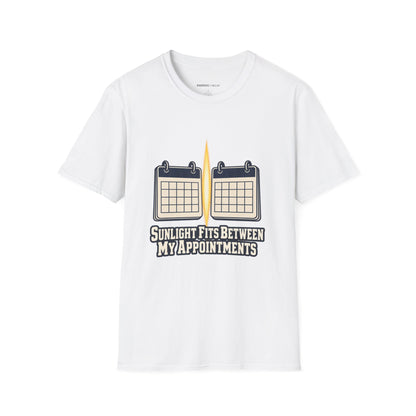 Graphic fitness T-shirt featuring the "Sunlight Fits Between My Appointments" design.