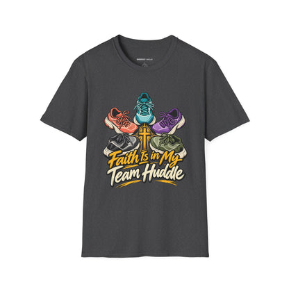 Graphic fitness T-shirt featuring the "Faith Is in My Team Huddle" design.