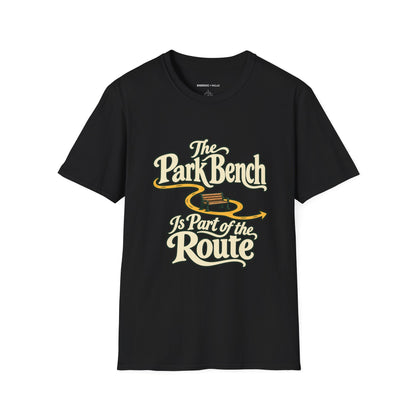 Graphic fitness T-shirt featuring the "The Park Bench Is Part of the Route" design.