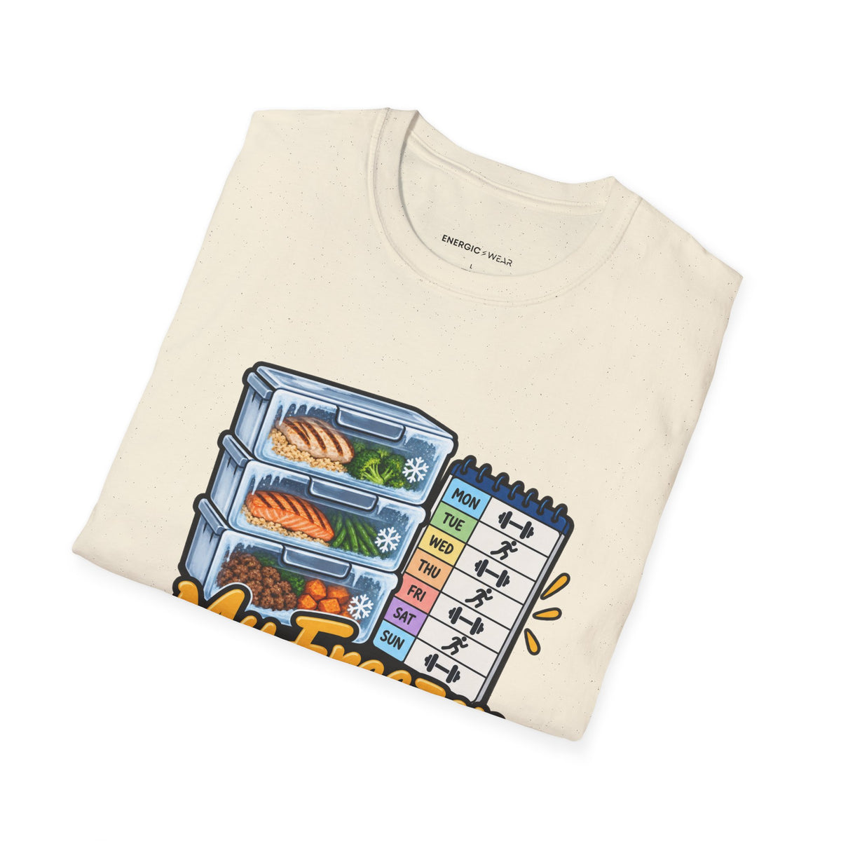 Graphic fitness T-shirt featuring the "My Freezer Is Part of the Training Plan" design.