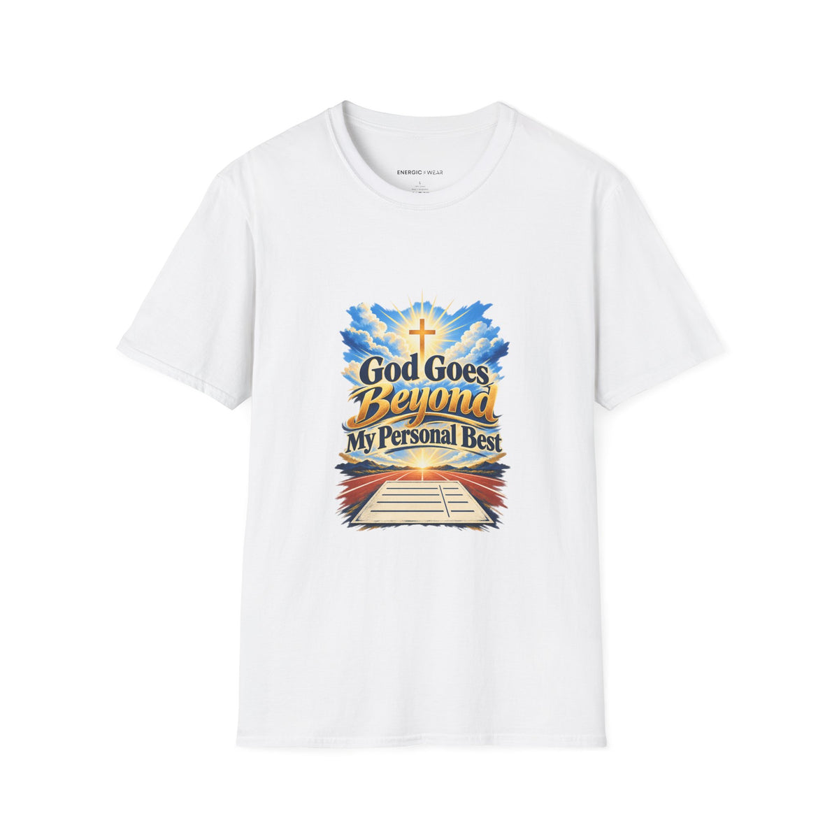 Graphic fitness T-shirt featuring the "God Goes Beyond My Personal Best" design.