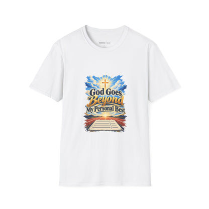 Graphic fitness T-shirt featuring the "God Goes Beyond My Personal Best" design.