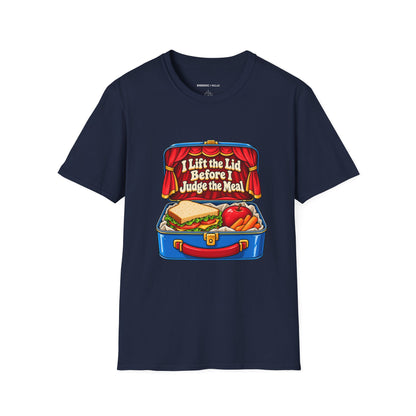 Graphic fitness T-shirt featuring the "I Lift the Lid Before I Judge the Meal" design.