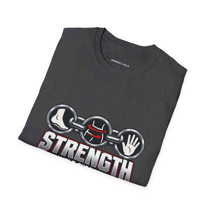 Graphic fitness T-shirt featuring the "Strength Travels Through the Whole Chain" design.