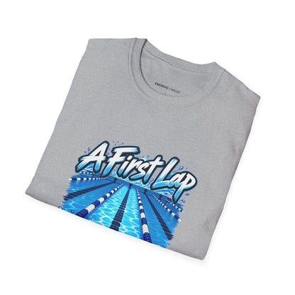Graphic fitness T-shirt featuring the "A First Lap Is a Real Lap" design.