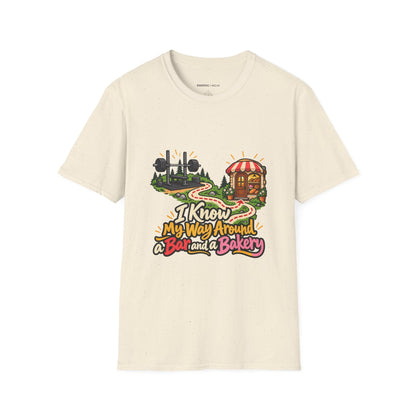 Graphic fitness T-shirt featuring the "I Know My Way Around a Bar and a Bakery" design.