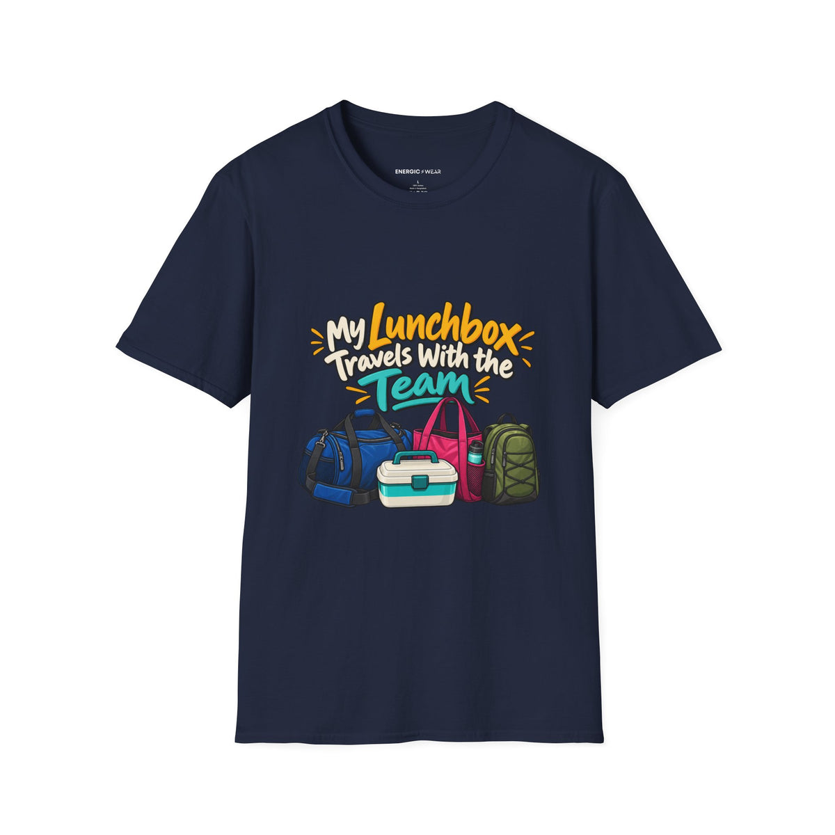 Graphic fitness T-shirt featuring the "My Lunchbox Travels With the Team" design.