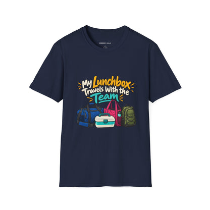 Graphic fitness T-shirt featuring the "My Lunchbox Travels With the Team" design.
