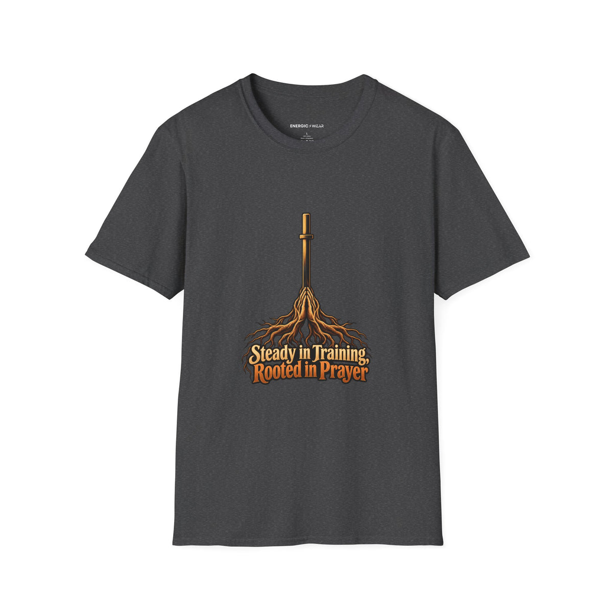 Graphic fitness T-shirt featuring the "Steady in Training, Rooted in Prayer" design.
