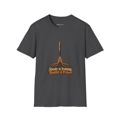 Graphic fitness T-shirt featuring the "Steady in Training, Rooted in Prayer" design.