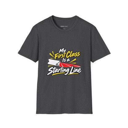 Graphic fitness T-shirt featuring the "My First Class Is a Starting Line" design.