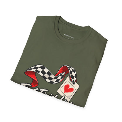 Graphic fitness T-shirt featuring the "First Finish Line Lifelong Memory" design.