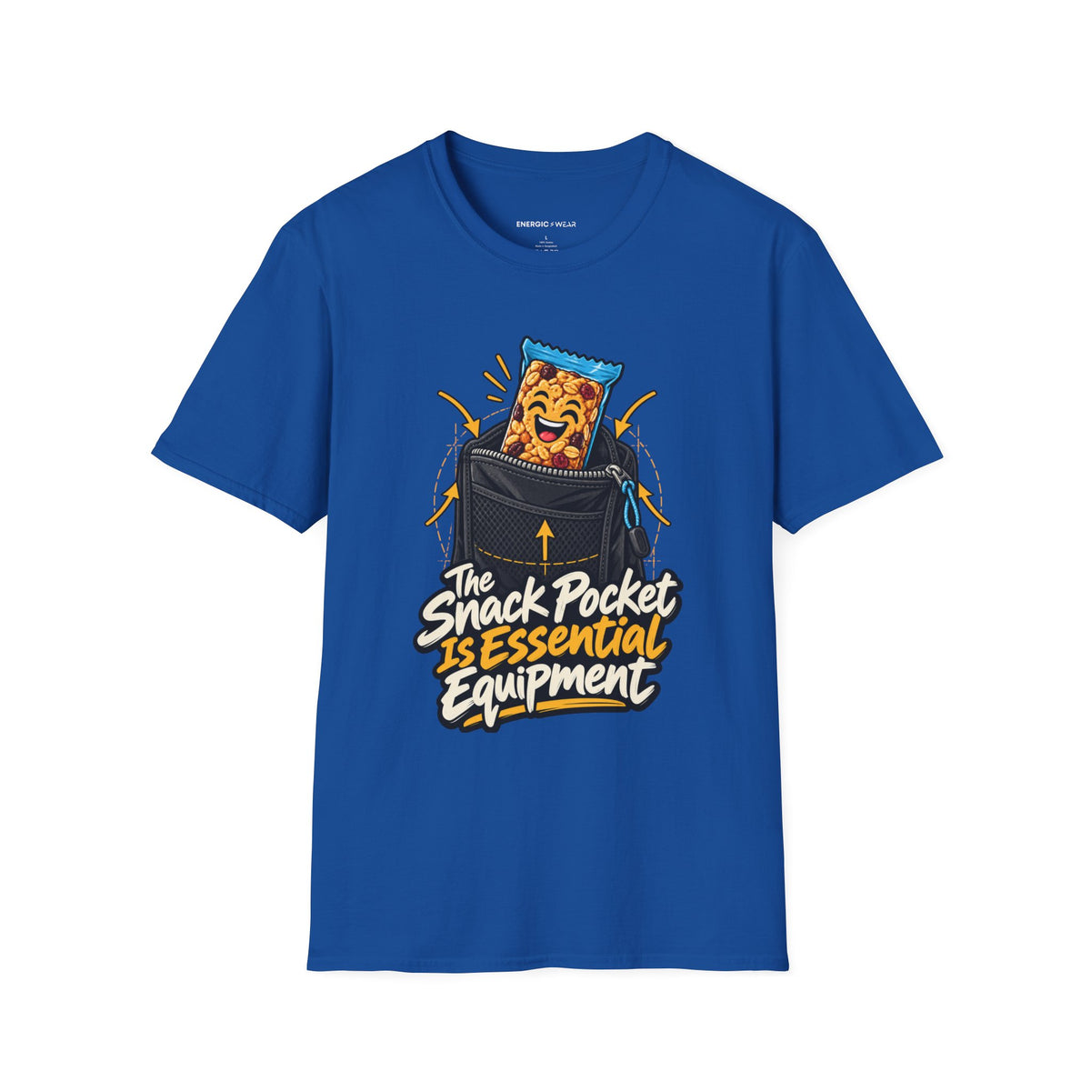 Graphic fitness T-shirt featuring the "The Snack Pocket Is Essential Equipment" design.