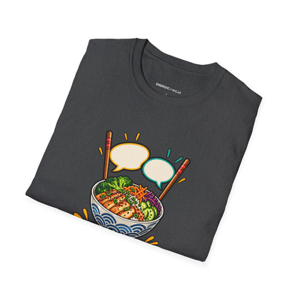 Graphic fitness T-shirt featuring the "My Post-Workout Debrief Comes With Chopsticks" design.
