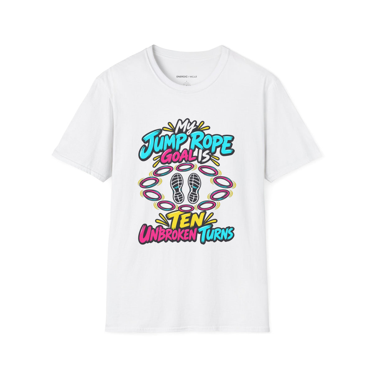Graphic fitness T-shirt featuring the "My Jump Rope Goal Is Ten Unbroken Turns" design.