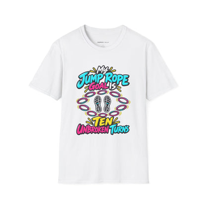 Graphic fitness T-shirt featuring the "My Jump Rope Goal Is Ten Unbroken Turns" design.