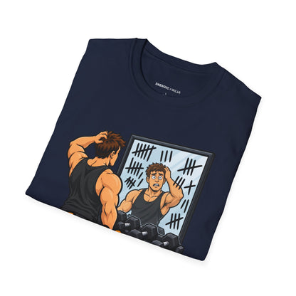 Graphic fitness T-shirt featuring the "The Mirror Caught Me Counting Wrong" design.