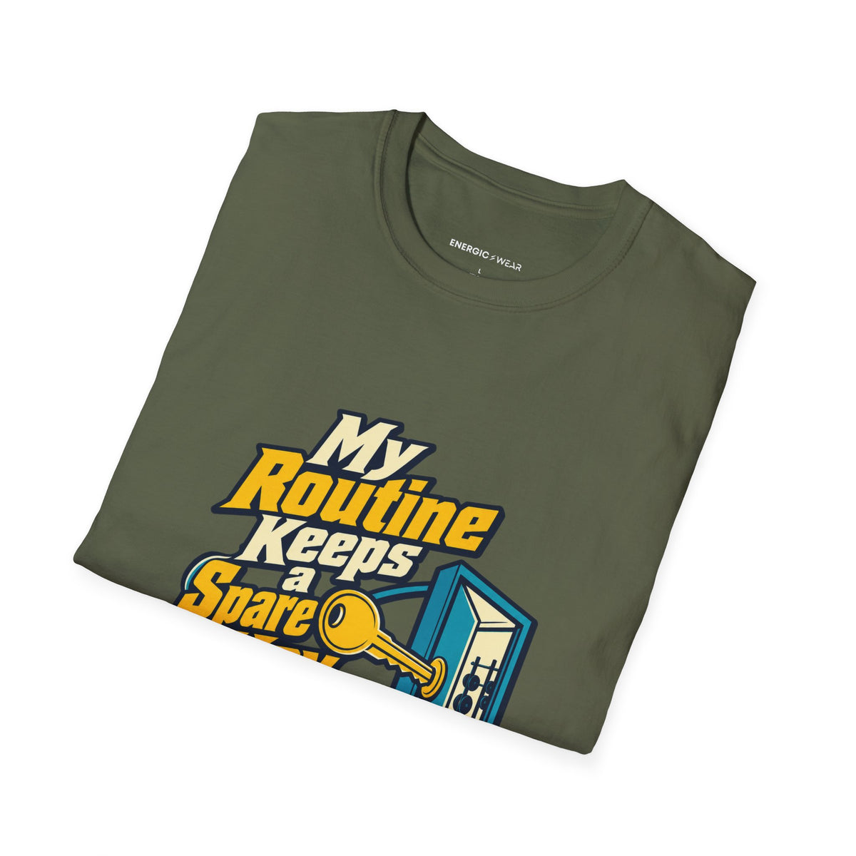 Graphic fitness T-shirt featuring the "My Routine Keeps a Spare Key for Me" design.