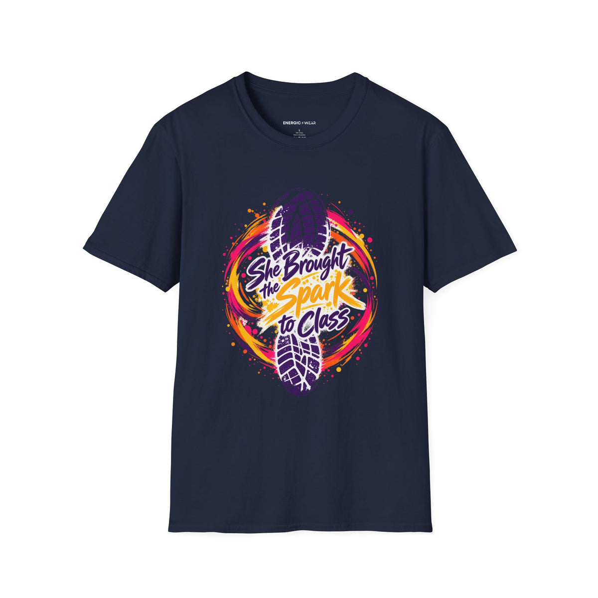 Graphic fitness T-shirt featuring the "She Brought the Spark to Class" design.