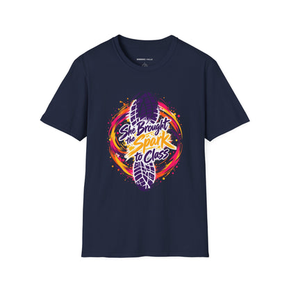 Graphic fitness T-shirt featuring the "She Brought the Spark to Class" design.