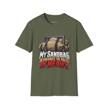 Graphic fitness T-shirt featuring the "My Sandbag Rearranges the Rules of Heavy" design.