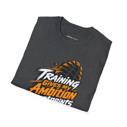 Graphic fitness T-shirt featuring the "Training Gives My Ambition Footprints" design.