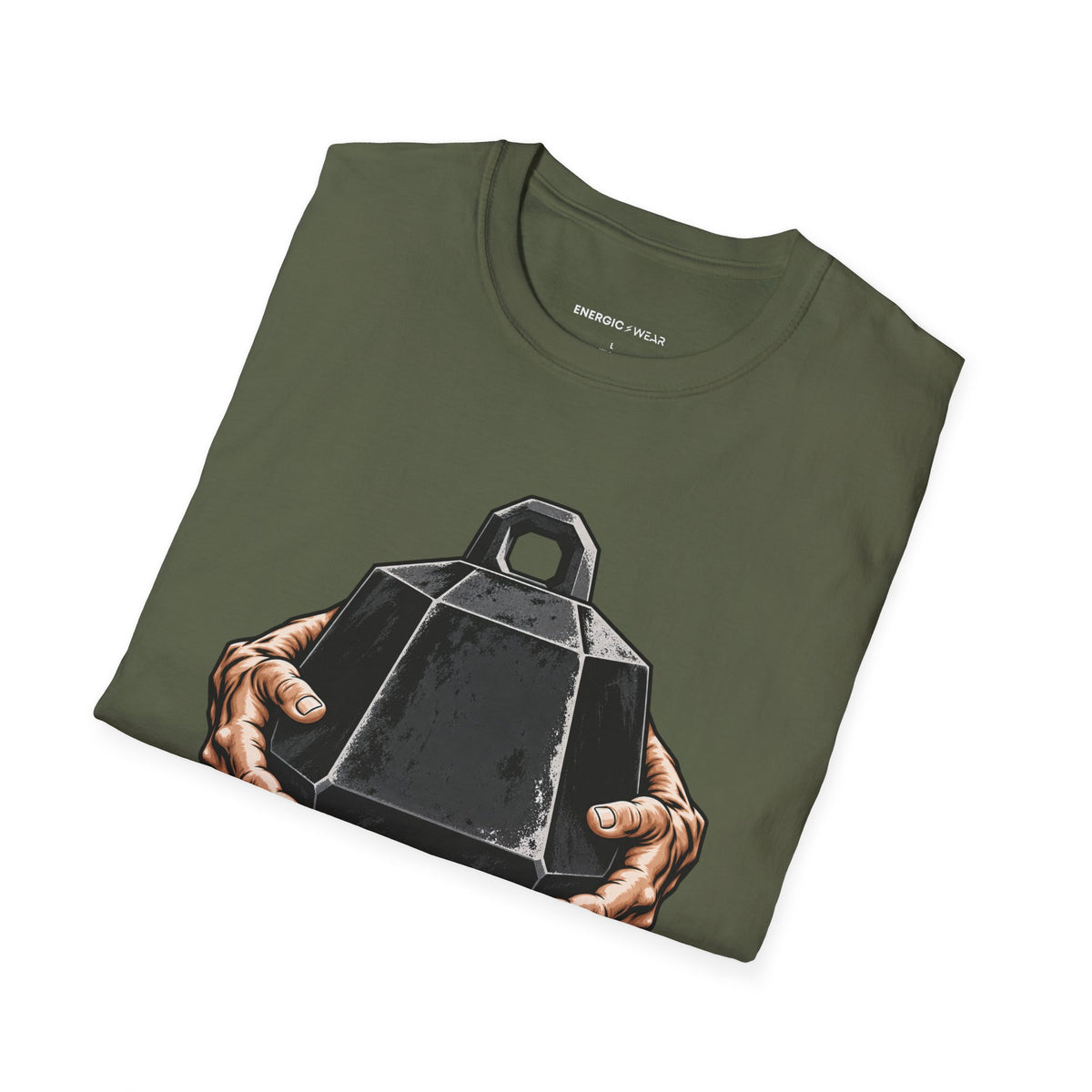 Graphic fitness T-shirt featuring the "Heavy Work, Steady Hands" design.
