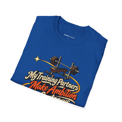 Graphic fitness T-shirt featuring the "My Training Partners Make Ambition Contagious" design.