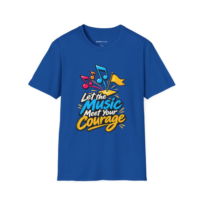 Graphic fitness T-shirt featuring the "Let the Music Meet Your Courage" design.