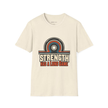 Graphic fitness T-shirt featuring the "Strength Has a Long Game" design.