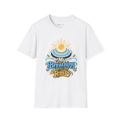Graphic fitness T-shirt featuring the "My Breathing Sets the Tempo" design.