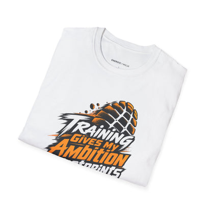 Graphic fitness T-shirt featuring the "Training Gives My Ambition Footprints" design.