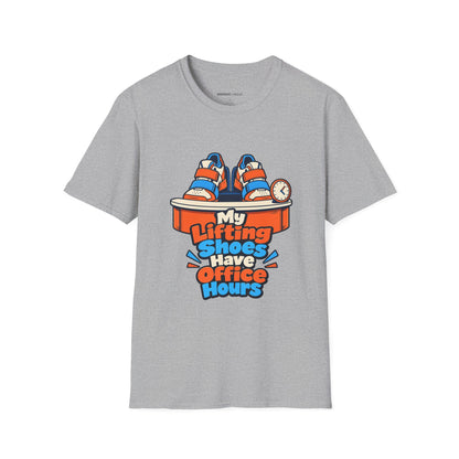 Graphic fitness T-shirt featuring the "My Lifting Shoes Have Office Hours" design.