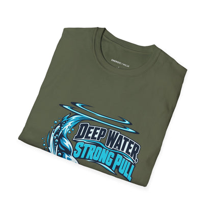 Graphic fitness T-shirt featuring the "Deep Water Strong Pull" design.