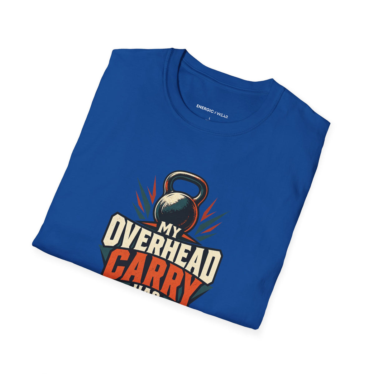 Graphic fitness T-shirt featuring the "My Overhead Carry Has Presence" design.