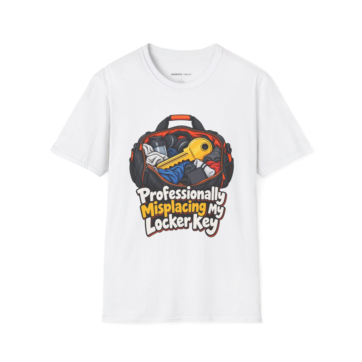 Graphic fitness T-shirt featuring the "Professionally Misplacing My Locker Key" design.