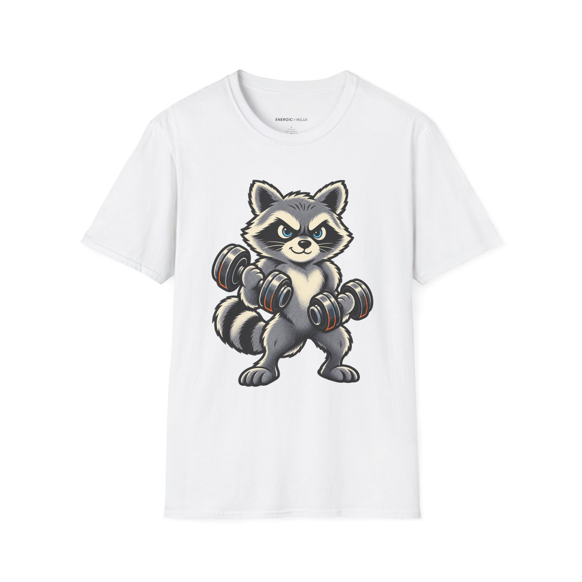 Graphic fitness T-shirt featuring the "Muscular Raccoon" design.