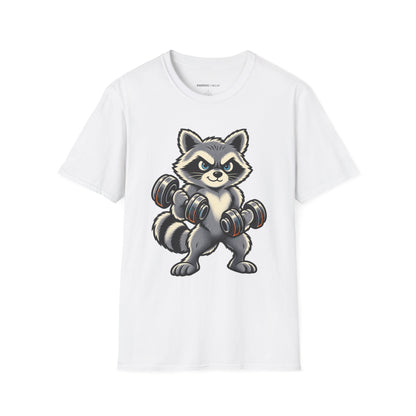 Graphic fitness T-shirt featuring the "Muscular Raccoon" design.