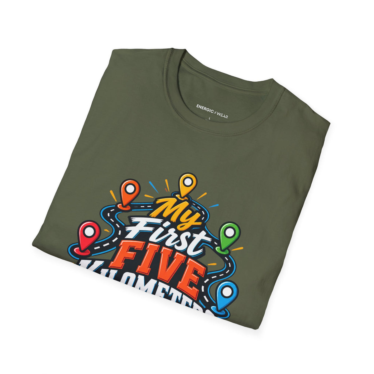 Graphic fitness T-shirt featuring the "My First Five Kilometers Are Personal" design.