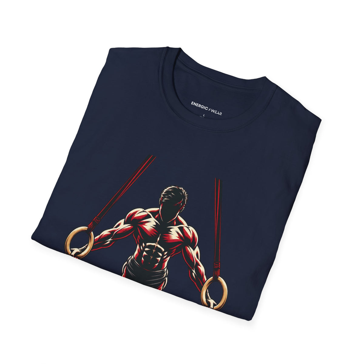 Graphic fitness T-shirt featuring the "Rings Ask Every Muscle to Listen" design.