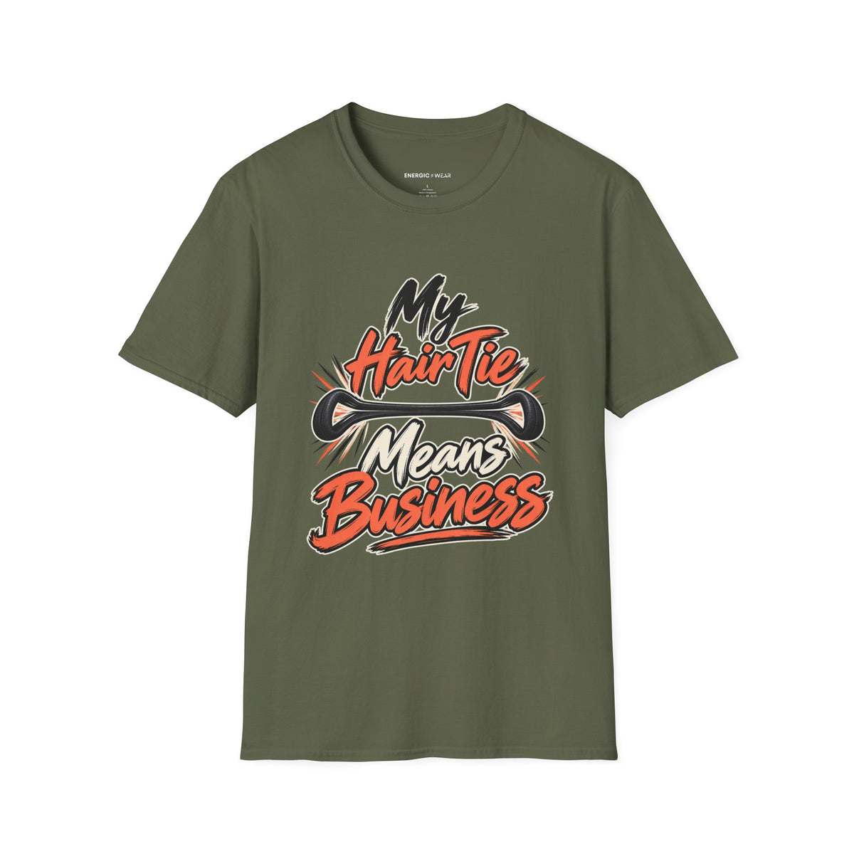 Graphic fitness T-shirt featuring the "My Hair Tie Means Business" design.