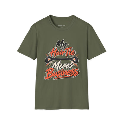 Graphic fitness T-shirt featuring the "My Hair Tie Means Business" design.