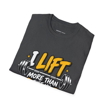 Graphic fitness T-shirt featuring the "I Lift More Than My Spirits" design.
