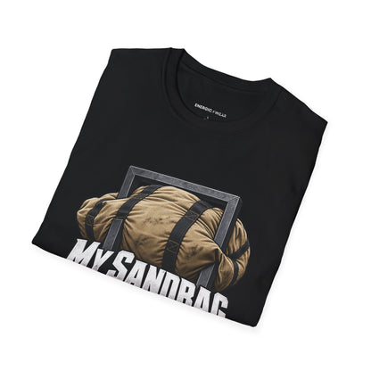 Graphic fitness T-shirt featuring the "My Sandbag Rearranges the Rules of Heavy" design.