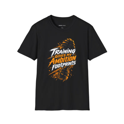 Graphic fitness T-shirt featuring the "Training Gives My Ambition Footprints" design.