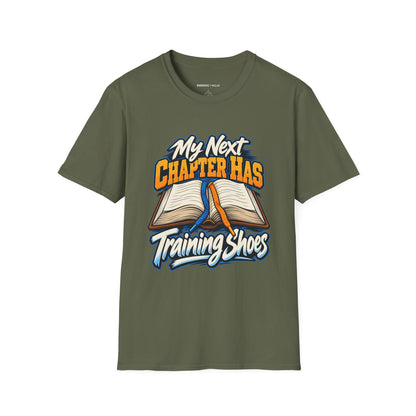 Graphic fitness T-shirt featuring the "My Next Chapter Has Training Shoes" design.